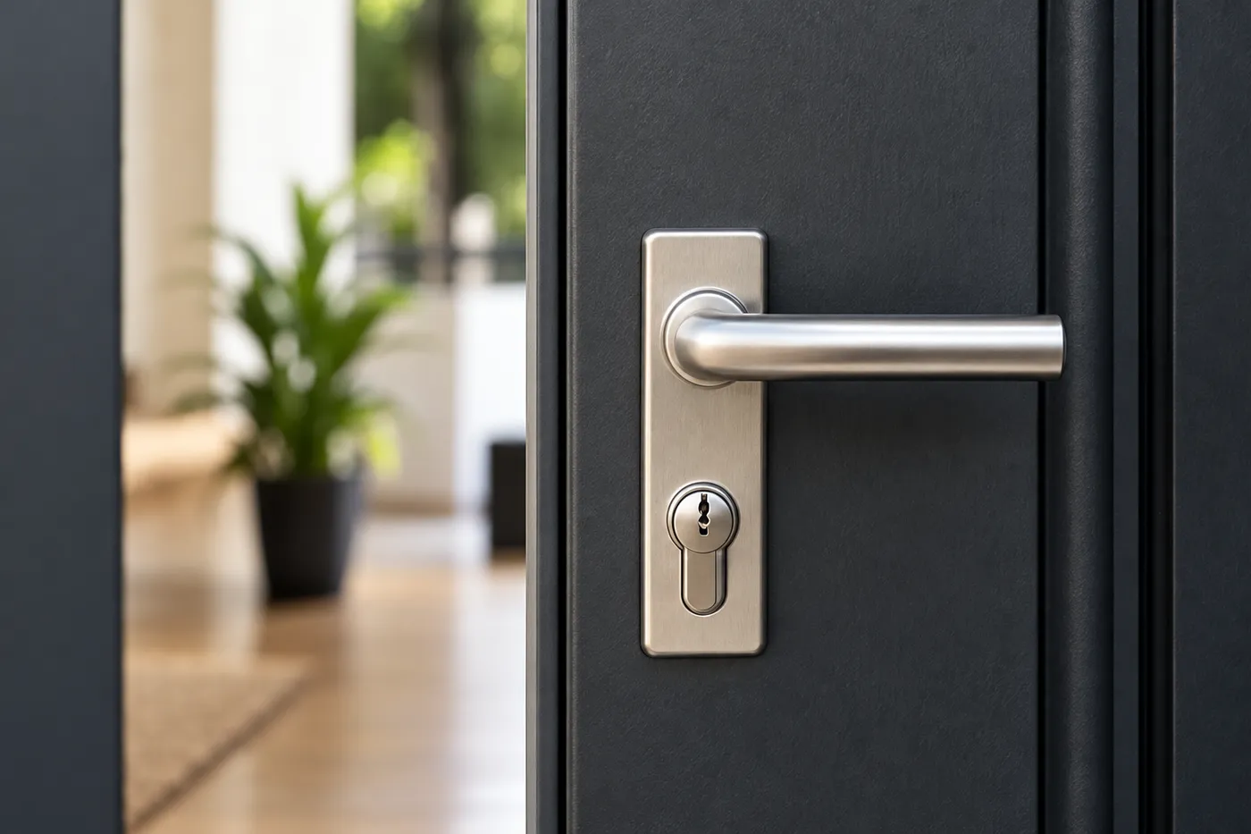 Porte d'entrée anthracite avec poignée inox, fermée après intervention